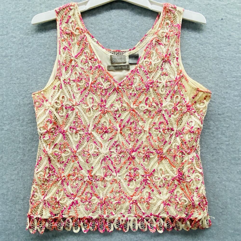 Vintage Y2k Sigrid Olsen Top Silk M Floral Hand Crochet Knit Lace Cottagecore